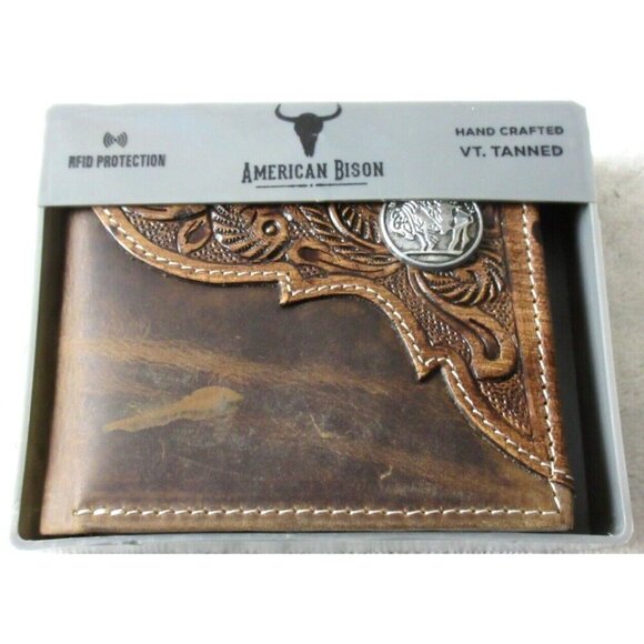 American Bison Men's Buffalo Nickel Concho Bifold Brown Leather Wallet NIB - Picture 6 of 8